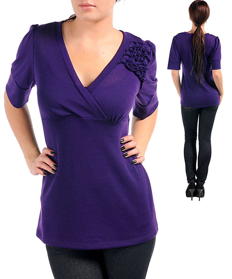 WOMANS PLUS SIZE FLIRTY PURPLE TOP WITH RUFFLED SHOULDER ACCENT 1XL 14 
