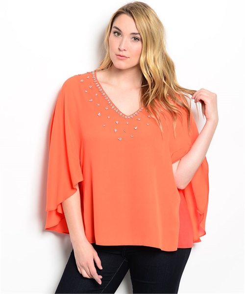 WOMANS PLUS SIZE ORANGE BLOUSON TOP WITH RHINESTONE ACCENTS 1XL 2XL 3XL eBay