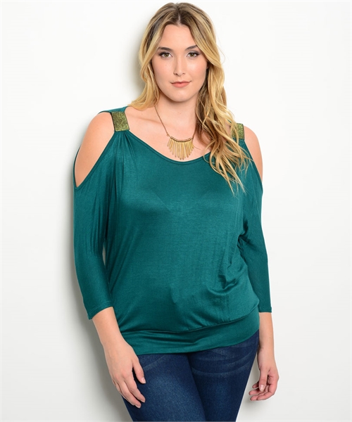 Womans Plus Size Emerald Green Exposed Shoulder Top With Accents 1xl 2xl 3xl New 