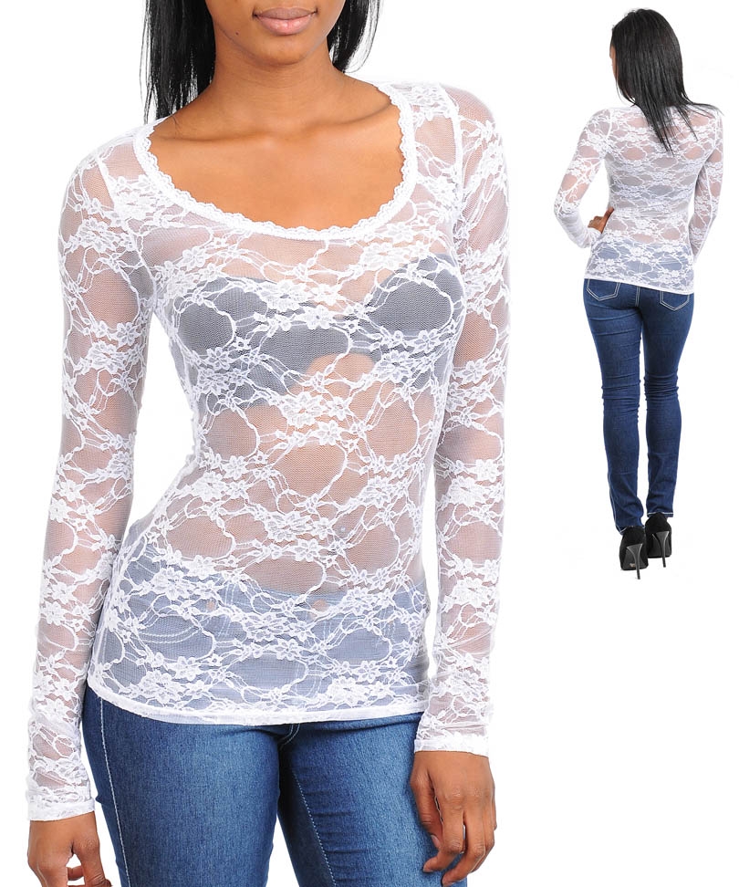 WOMANS PLUS SIZE SEXY FLIRTY SHEER WHITE LACE LONG SLEEVE TOP 3XL NEW