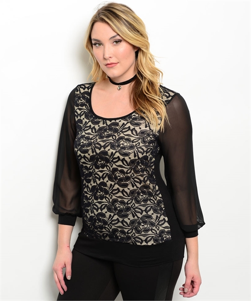 WOMEN'S PLUS SIZE BLACK LACE TOP WITH SHEER SLEEVES 1XL 2XL 3XL NEW | eBay