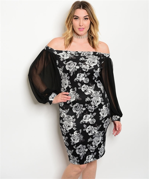 WOMEN'S PLUS SIZE SEXY BLACK AND WHITE FLORAL BODYCON DRESS SHEER ...