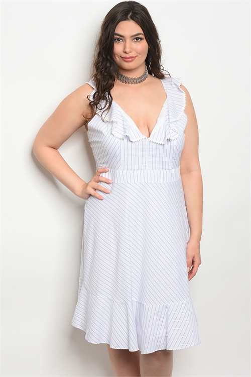 Womens Plus Size White with Blue Stripe Dress 1XL Ruffled
